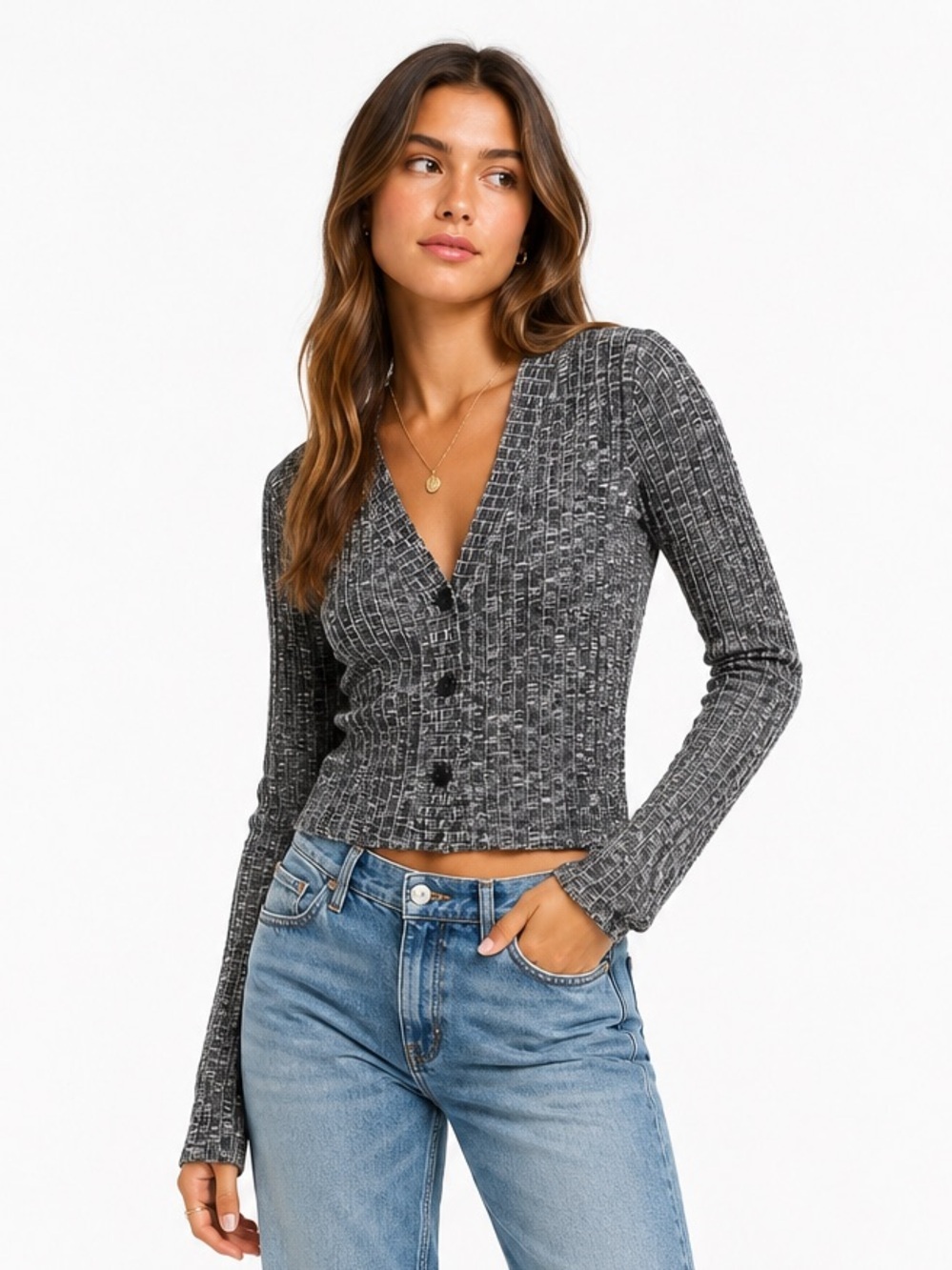 Michael Stars Ribbed Cropped Cardigan Gray Marl Button Front USA Small